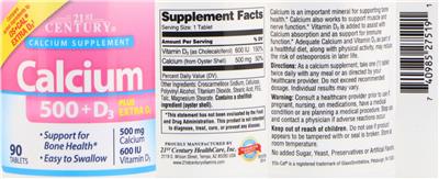 Photo of the 21st Century Calcium 500 + D3 label