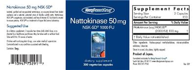 Photo of the Allergy Research Group Nattokinase 50 mg NSK-SD 1000 FU label