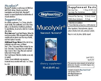 Photo of the Allergy Research Group Mucolyxir label