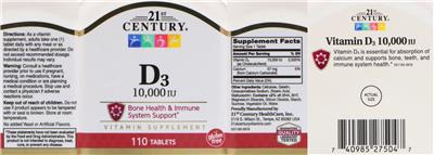 Photo of the 21st Century D3 10,000 IU label