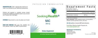 Photo of the Seeking Health NAC 500 mg label
