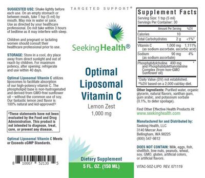 Photo of the Seeking Health Optimal Liposomal Vitamin C Lemon Zest 1,000 mg label