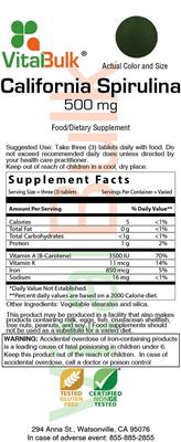 Photo of the VitalBulk California Spirulina 500 mg label