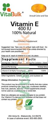 Photo of the VitalBulk Vitamin E 400 IU label