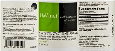 Photo of the DaVinci Laboratories Of Vermont N-Acetyl Cysteine 500 mg label