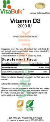 Photo of the VitalBulk Vitamin D3 2000 IU label