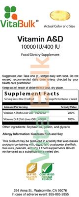 Photo of the VitalBulk Vitamin A&D 10000 IU/400 IU label