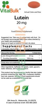 Photo of the VitalBulk Lutein 20 mg label