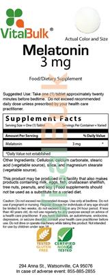 Photo of the VitalBulk Melatonin 3 mg label