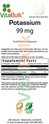 Photo of the VitalBulk Potassium 99 mg label