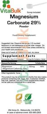 Photo of the VitalBulk Magnesium Carbonate 29% Powder label