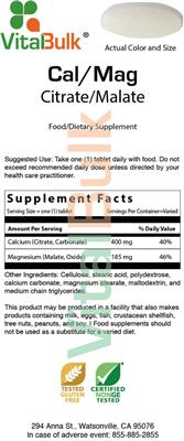 Photo of the VitalBulk Cal/Mag Citrate/Malate label