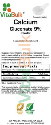 Photo of the VitalBulk Calcium Gluconate 9% Powder label