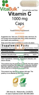 Photo of the VitalBulk Vitamin C 1000 mg Caps label