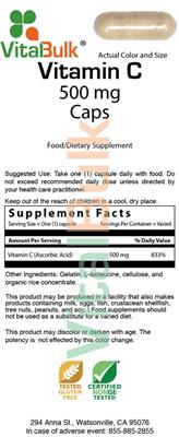 Photo of the VitalBulk Vitamin C 500 mg Caps label