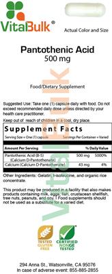 Photo of the VitalBulk Pantothenic Acid 500 mg label