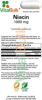 Photo of the VitalBulk Niacin 1000 mg label