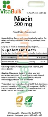 Photo of the VitalBulk Niacin 500 mg label