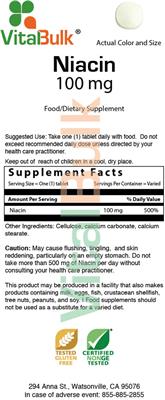 Photo of the VitalBulk Niacin 100 mg label