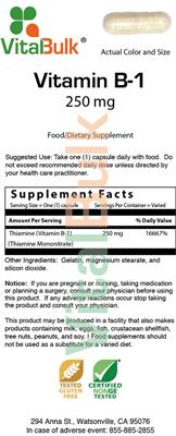 Photo of the VitalBulk Vitamin B-1 250 mg label