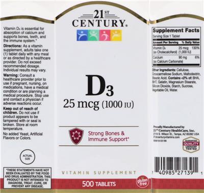 Photo of the 21st Century D3 25 mcg (1000 IU) label