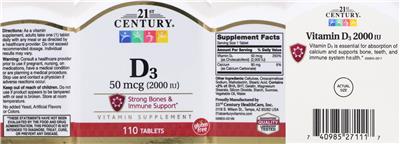 Photo of the 21st Century D3 50 mcg (2000 IU) label