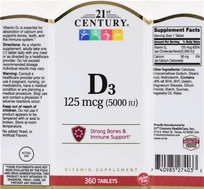Photo of the 21st Century D3 125 mcg (5000 IU) label