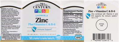 Photo of the 21st Century Chewable Zinc Plus Vitamins C & B-6 label