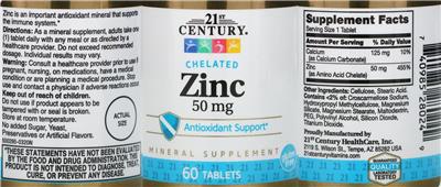 Photo of the 21st Century Chelated Zinc 50 mg label