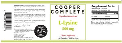 Photo of the Cooper Complete L-Lysine 500 mg label