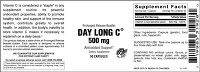 Photo of the Vitamer Laboratories Prolonged Release Day Long C 500 mg label