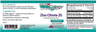 Photo of the NutriCology Zinc Citrate 25 label