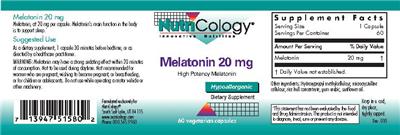 Photo of the NutriCology Melatonin 20 mg label