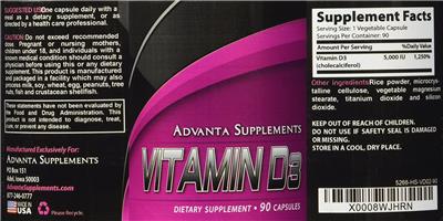 Photo of the Advanta Supplements Vitamin D3 label