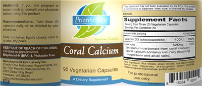 Photo of the Priority One Nutritional Supplements Coral Calcium label