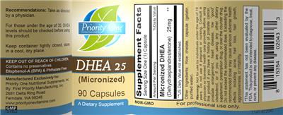 Photo of the Priority One Nutritional Supplements DHEA 25 label