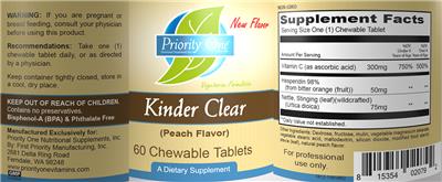 Photo of the Priority One Nutritional Supplements Kinder Clear (Peach Flavor) label