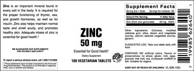 Photo of the Vitamer Laboratories Zinc 50 mg label