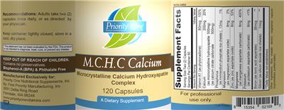 Photo of the Priority One Nutritional Supplements M.C.H.C Calcium label
