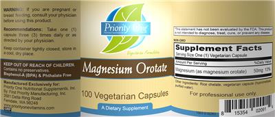Photo of the Priority One Nutritional Supplements Magnesium Orotate label