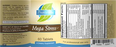 Photo of the Priority One Nutritional Supplements Mega Stress label