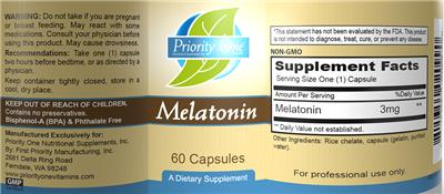 Photo of the Priority One Nutritional Supplements Melatonin label