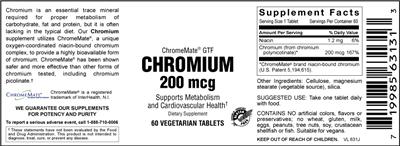 Product label for ChromeMate GTF Chromium 200 mcg