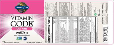Photo of the Garden of Life Vitamin Code Raw One for Women label