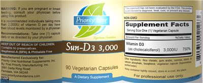 Photo of the Priority One Nutritional Supplements Sun-D3 3,000 label