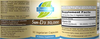 Photo of the Priority One Nutritional Supplements Sun-D3 50,000 label