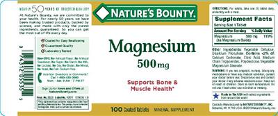 Photo of the Nature's Bounty Magnesium 500 mg label