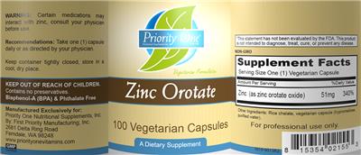 Photo of the Priority One Nutritional Supplements Zinc Orotate label