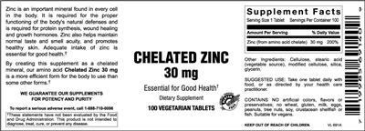 Photo of the Vitamer Laboratories Chelated Zinc 30 mg label