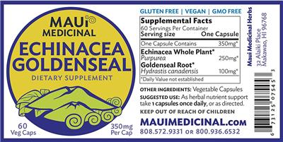 Photo of the Maui Medicinal Echinacea Goldenseal 350 mg label